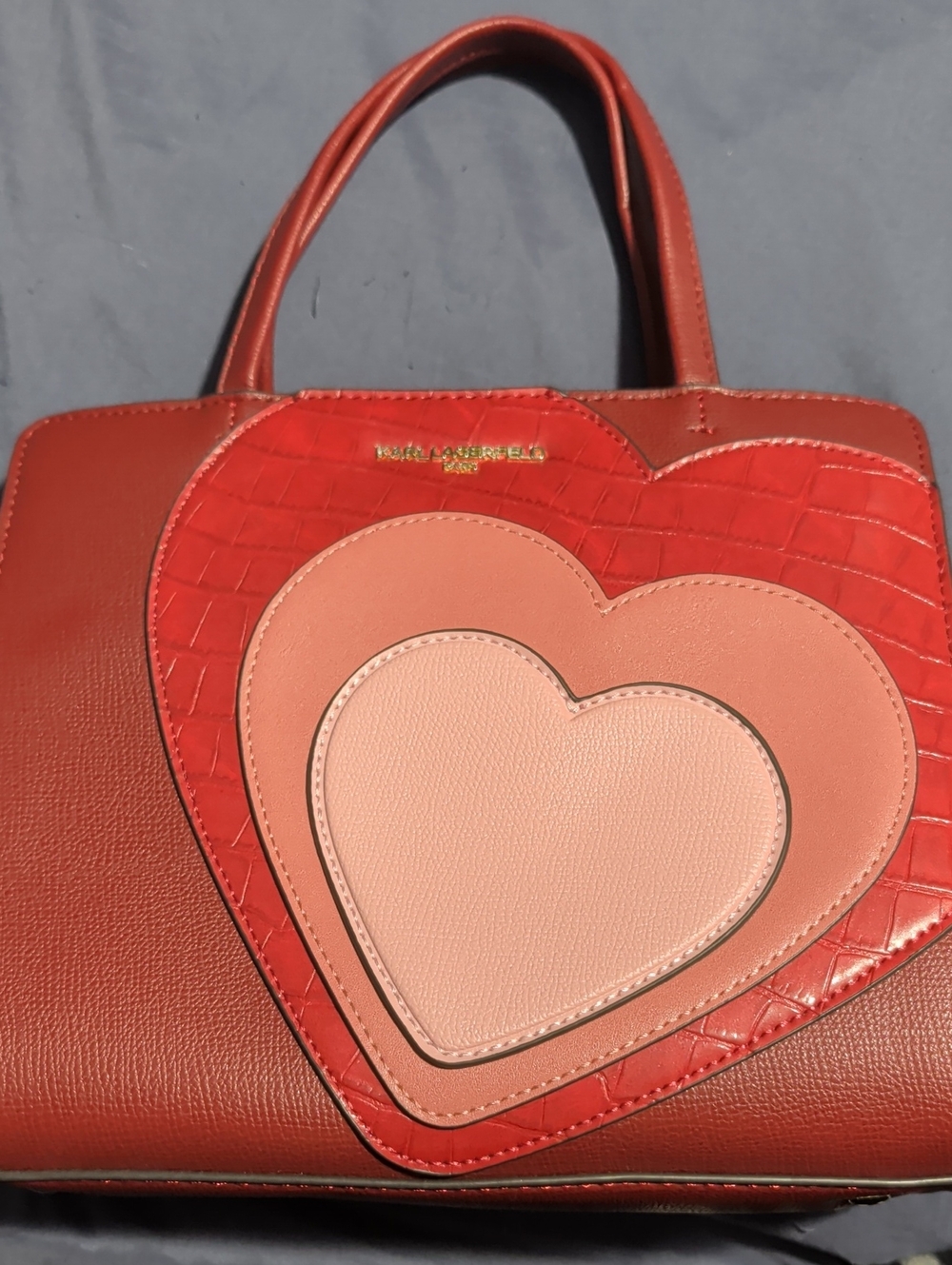 Karl Lagerfeld Red Tote with Pink Layered Heart Appliqués